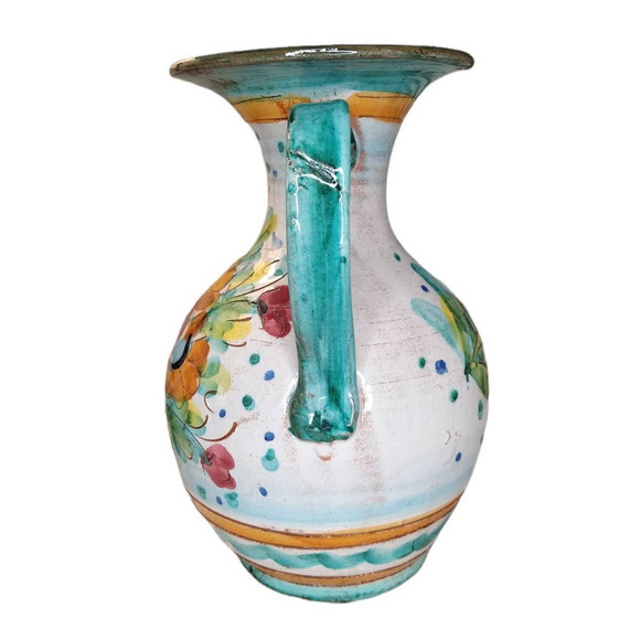 Vintage Hand Painted Pitcher Flowers Pottery Jug Floral Carved Mexico? Italy? - Picture 5 of 8